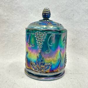Vintage Indiana Blue Harvest Grape iridescent glass candy jar with Lid